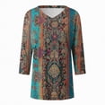thumbnail image 4 of Towmus T Shirts for Women Loose Fit V Neck Ladies Tops 3/4 Length Boho Print Graphic Tees Lightweight Womens Blouse, 4 of 5