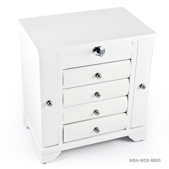 Contemporary Sankyo 50 Note Matte White Spacious Musical Jewelry Box with Silver Hardware - Smile Modern Times
