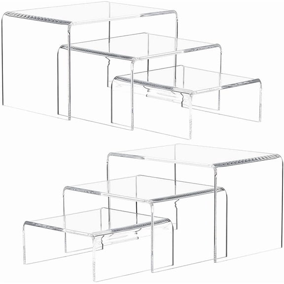 6 Pcs 3-Tier Acrylic Riser Display Shelf Set 3 Sizes Clear Riser Shelf Organizer Makeup Display Stands