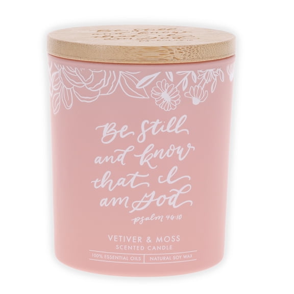 Christian Art Gifts All Natural Soy Wax Scented Candle for Women: Be Still & Know Encouraging Bible Verse, Pink Floral Glass Jar, Engraved Bamboo Lid, Pure Essential Oils, Vetiver & Moss Scent