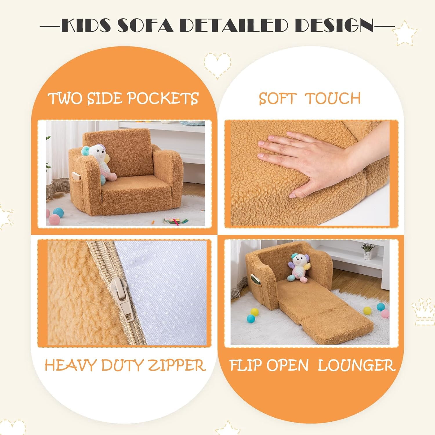 Toddler Baby Chair Couch Sofa Kids Foldable 2-in-1 Sherpa Fold Out Couch Bed Toddler Chairs Comfy for Boys & Girls Convertible Kids Furniture Lounge Chair for Playroom with Double Pockets, Dark Camel