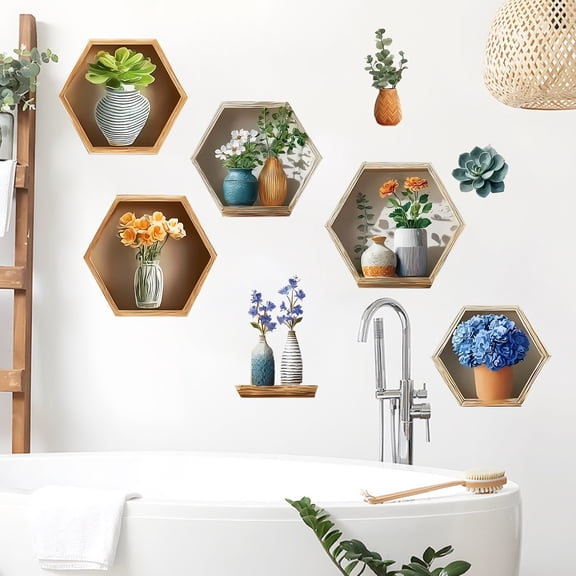 Hexagon Wall Decals 3D Effect Flowers Plants Wall Stickers Peel and Stick Removable Sticker for Bedroom Living Room Bathroom Wardrobe Dormitory DIY Decor 28x31inch