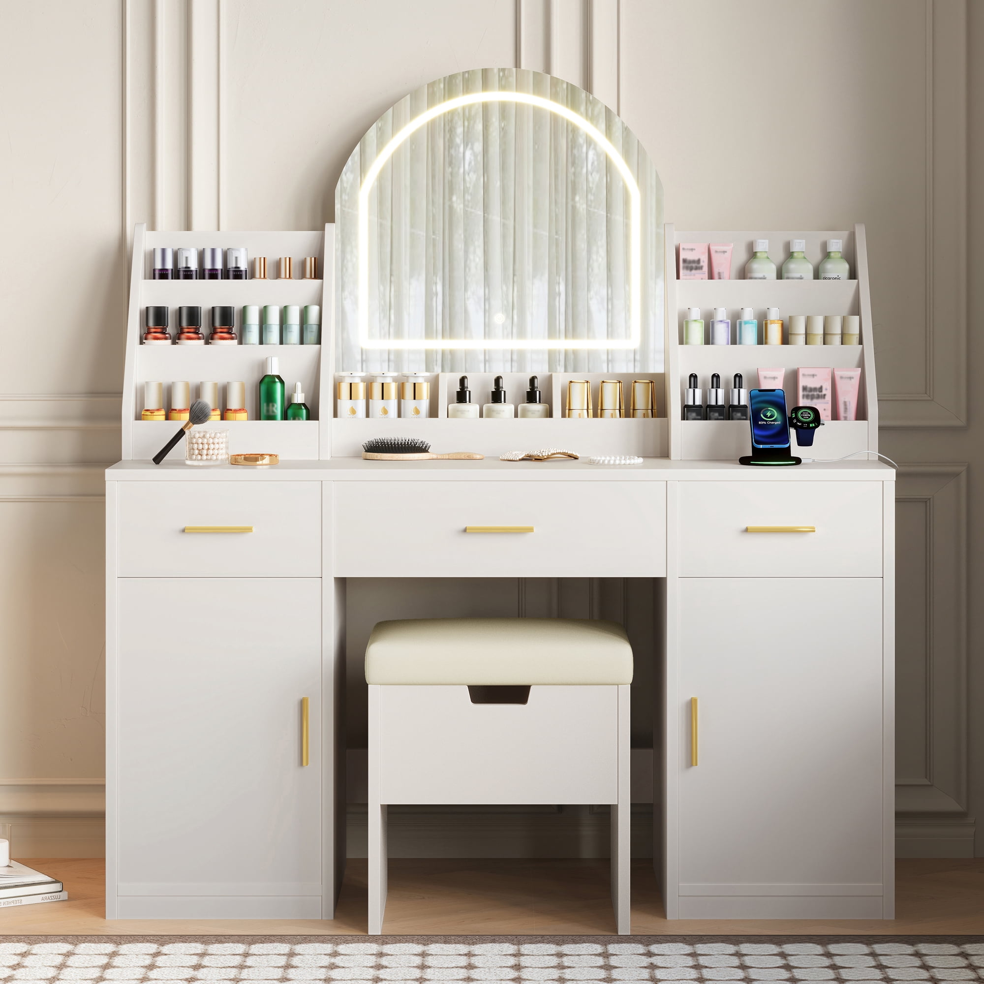 Yoneston 47.2" Vanity Set with Arched LED Mirror, High Capacity Vanity Desk with 2 Cabinet and 3 Drawers & Hidden Storage Stool, White