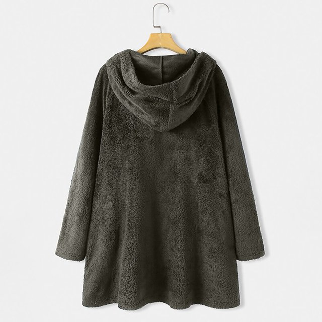 Women Printed Button Plush Tops Hooded Loose Cardigan Wool Coat Winter Jacket