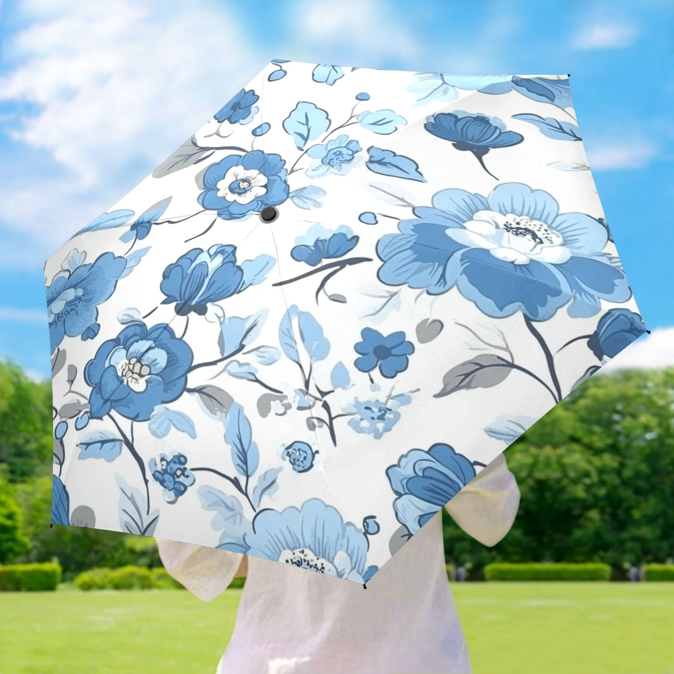 Blue Floral Pattern Umbrellas for Sun Auto Open Close UV50+ Waterproof 5-Fold Compact Fiberglass Frame