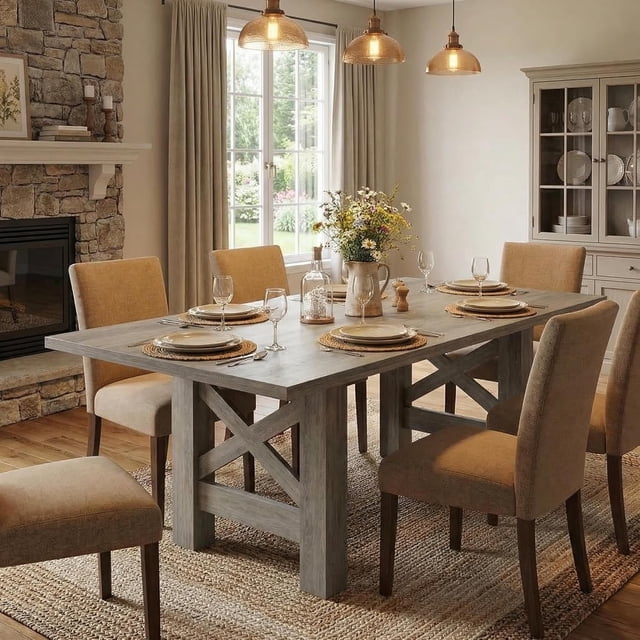 Wood Farmhouse Dining Table for 6-8, Heavy Duty Large Kitchen Table, 70.87" Long Rectangular Dining Room Tables with Strong Legs, Thickness Tabletop, for Big Family, Dinette, Rustic Grey