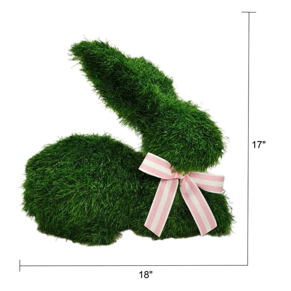 Faux Grass Lying Bunny Tabletop Decoration - 17 Inch Green Easter Bunny with Lush Faux Grass Texture and Pink Ribbon Bow, Spring Centerpiece for Tables, Mantels and Porch Displays