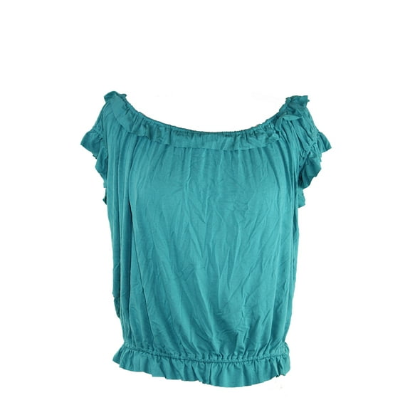 Studio M Womens Green Short-Sleeve Ruffle-Trim Top L