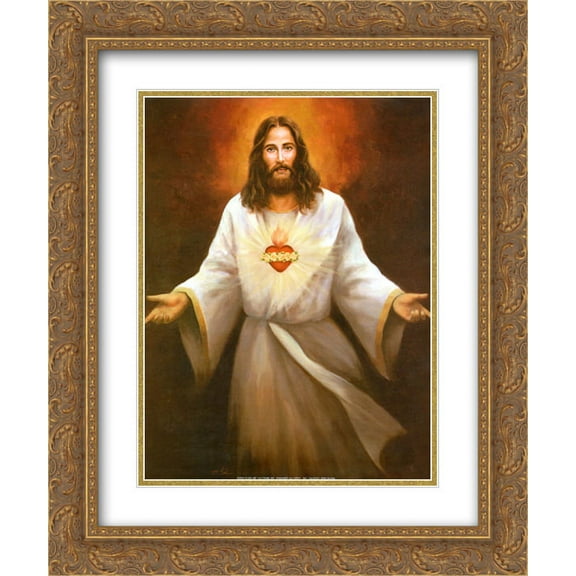 Jesus' Sacred Heart 2x Matted 15x18 Gold Ornate Framed Art Print by T C Chiu