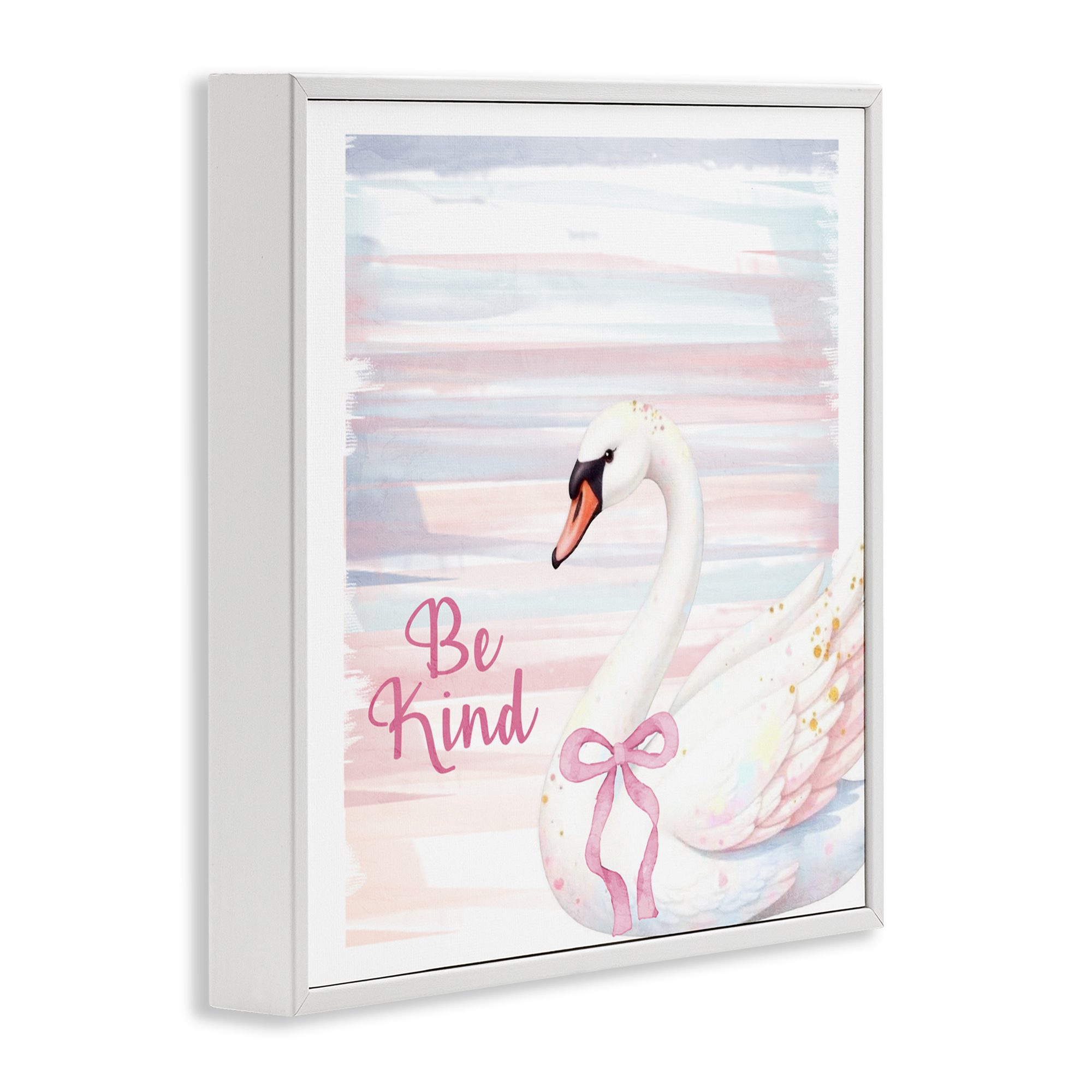 Be Kind Pastel Swan White Framed Giclee Art, design by Kim Allen