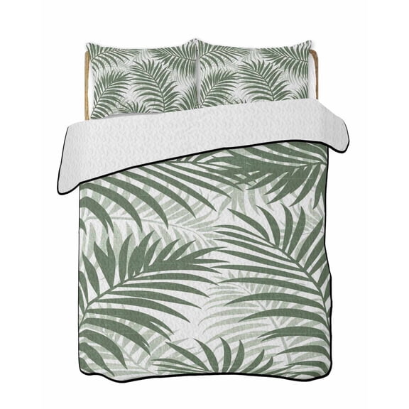 Quilts Twin-XL Size Bedding Set, Green Palm Leaves Lightweight Quilted Comforter, Summer Botanical Tropical Plants Soft Reversible Bedspread Coverlet with Pillow Covers for All Season, 68" x 98"