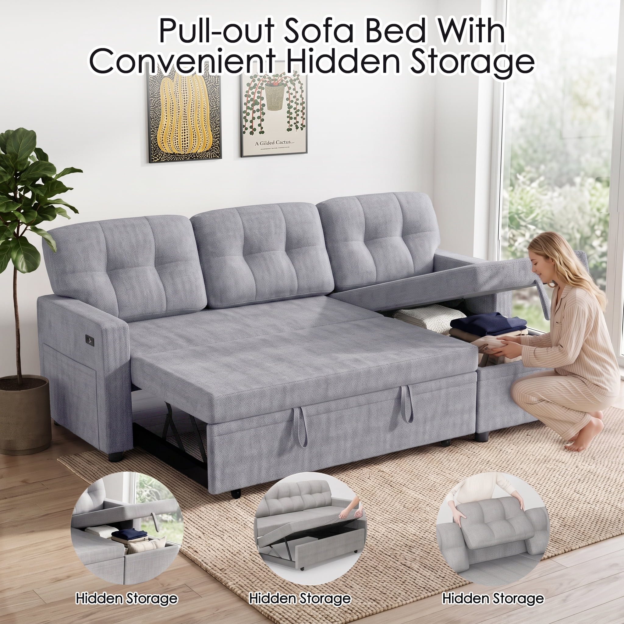 avobird 82" L Shaped Sleeper Sofa Bed, 3-Seat Convertible Sectional Couches with Storage Chaise, Terry Cloth Pull Out Couch for Living Rooms, Apartment, Light Gray