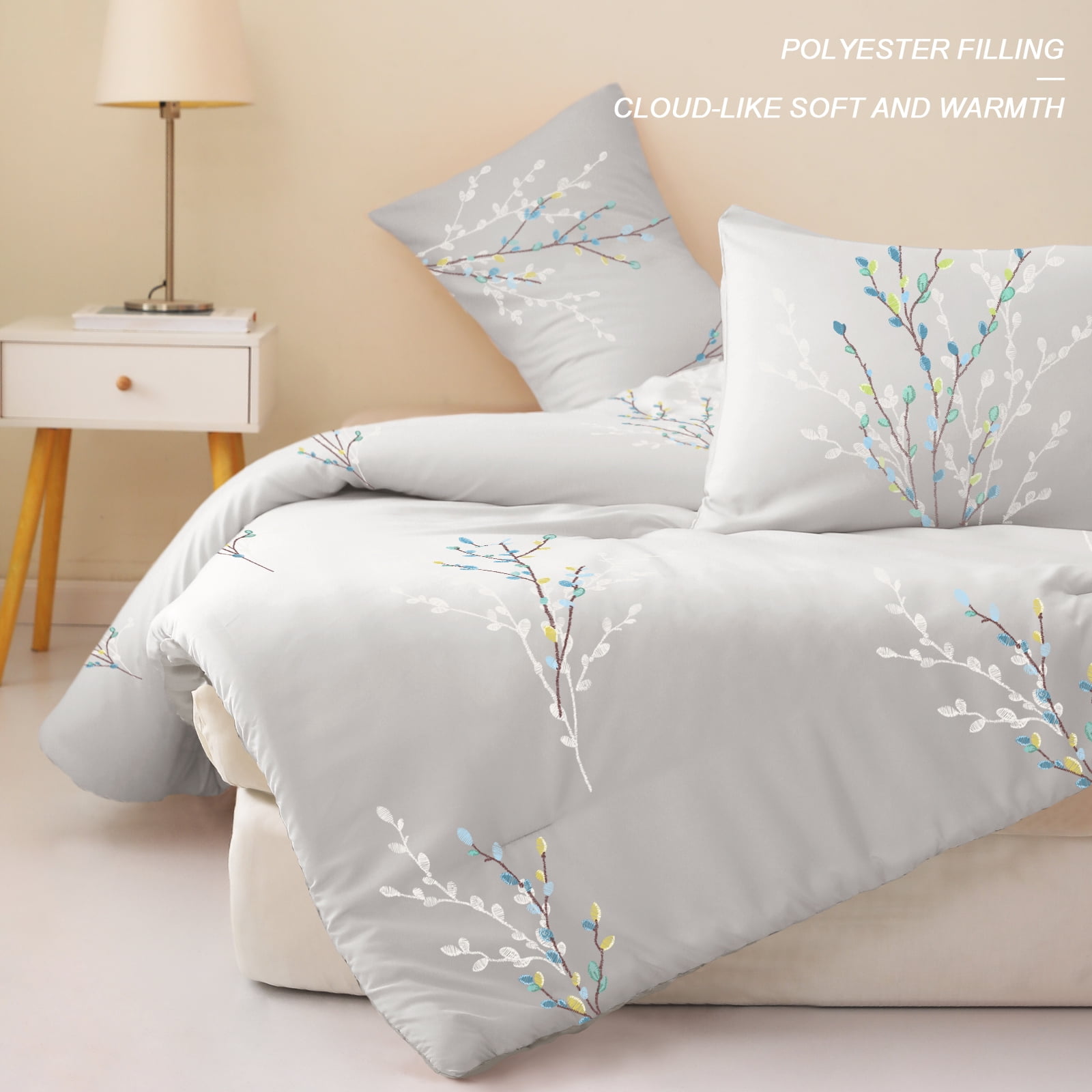 Exclusivo Mezcla 3-Piece Floral Queen Comforter Set, Microfiber Bedding Down Alternative Comforter for All Seasons with 2 Pillow Shams, Grey