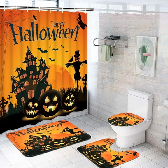 Halloween Shower Curtain Sets with Non-Slip Rugs, Toilet Lid Cover and Bath Mat, Haunted House Pumpkin Shower Curtains with 12 Hooks, Waterproof Shower Curtain for Halloween Bathroom Decoration