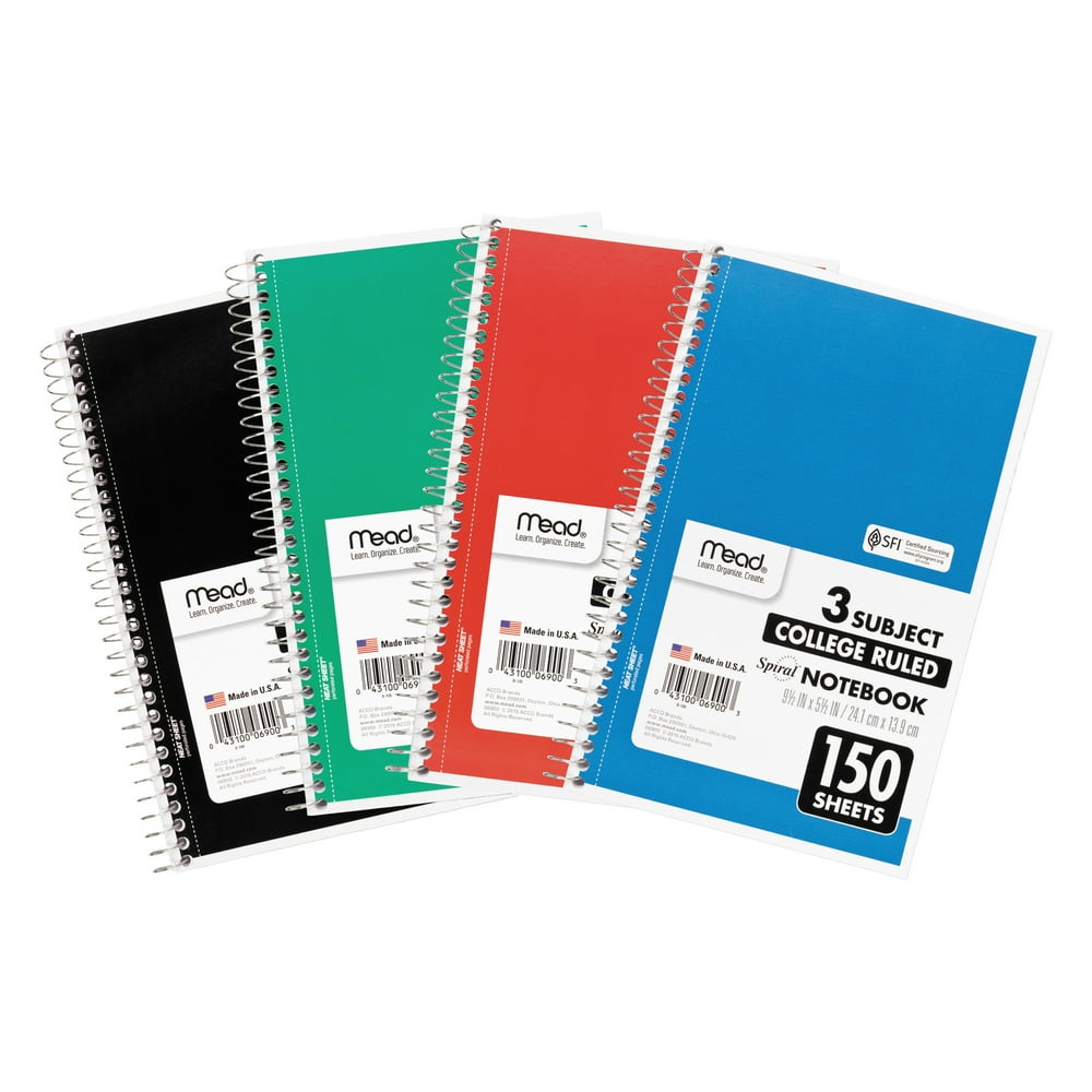 Mead Spiral Notebook, 3 Subject, College Ruled, 150 Sheets, Assorted