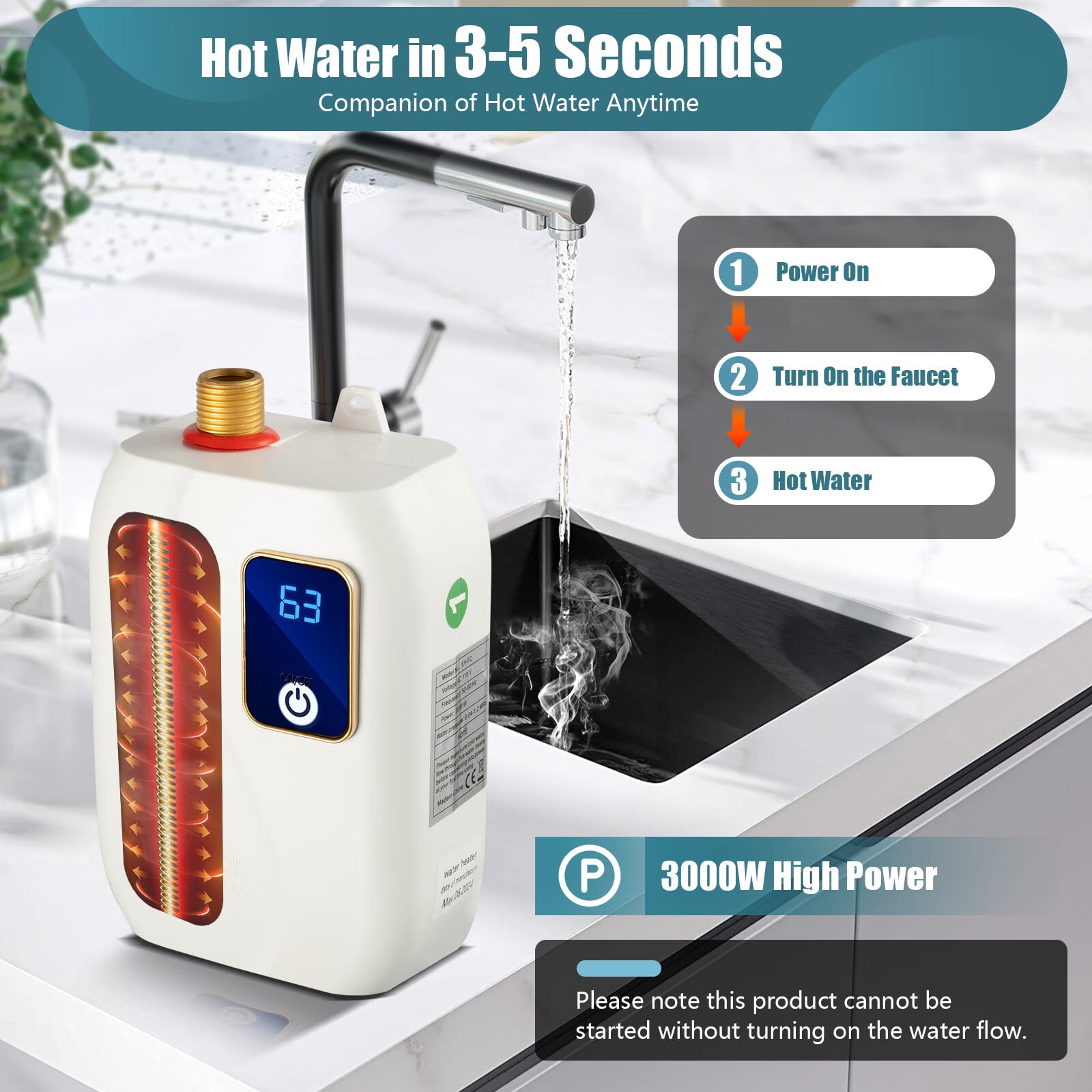 3000W Electric Tankless Water Heater 110V Mini Instant Electric Hot Water Heater Home Floor-Mounted Under Sink Water Heater for Kitchen Bathroom 20-50°C White