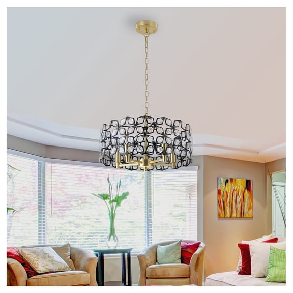 19" Geometric Crystal and BlackGold Round Pendant Chandelier – Modern 5-Light Fixture for Dining Room, Living Room, or Kitchen (Bulb Not Included)