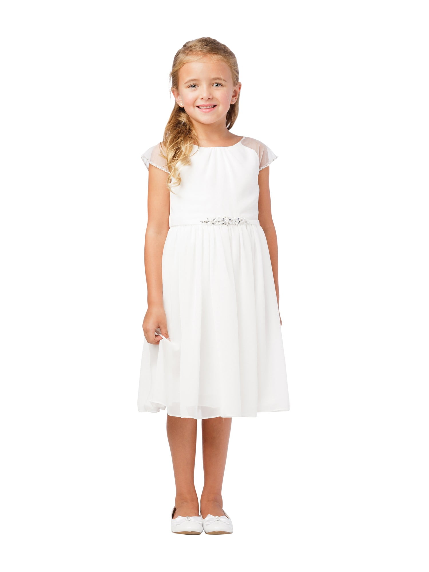 Little Girls Ivory Ilussion Short Sleeved Chiffon Flower Girl Dress