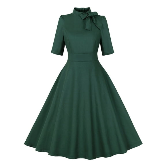 UYISJ Women's 1940s Vintage A Line Swing Dress Bow Tie Neck 40s 50s Cocktail Dresses Mock Neck Retro Work Dress Tea Dress Green M