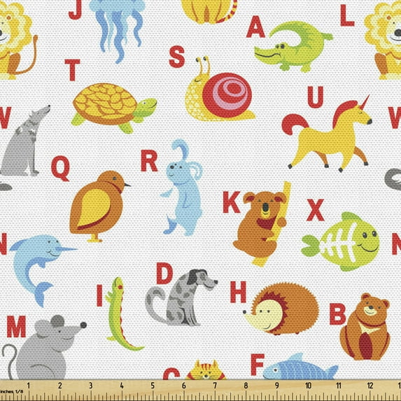 Cartoon Fabric by the Yard, Various Animals with Their Letters Alphabet Back to School Theme, Decorative Upholstery Fabric for Chairs & Home Accents, White Pale Taupe and Orange by Ambesonne