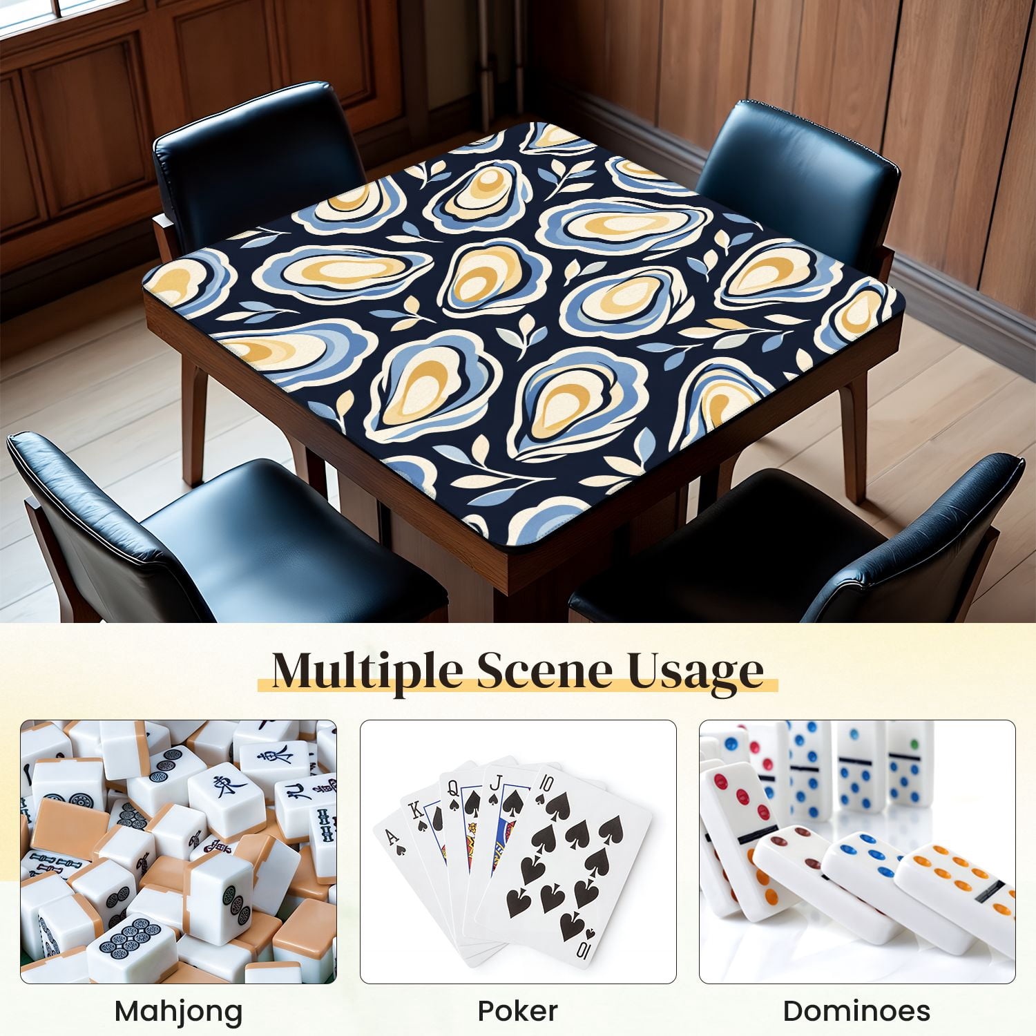 Mahjong Mat 31.5" x 31.5" Abstract Oyster Shell Blue Beige White Layers Dark Non-Slip Noise Reduction Mahjong Tiles Table Cover for Dominoes Poker Card Board and Tile Games