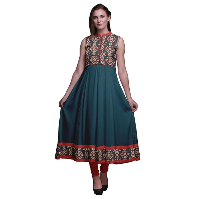 Bimba Robe Anarkali à Col Mandarin pour Femme, Bleu Sarcelle, Imprimé Cachemire, Style Ethnique Indien, Kurta, Moyen