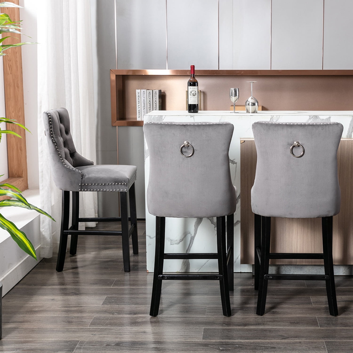 Demi Bonn 40" Counter Height Bar Stools Set of 2, Velvet Upholstered Barstools with Back, Kitchen Island Countertop Chairs for Dining Room, Gray