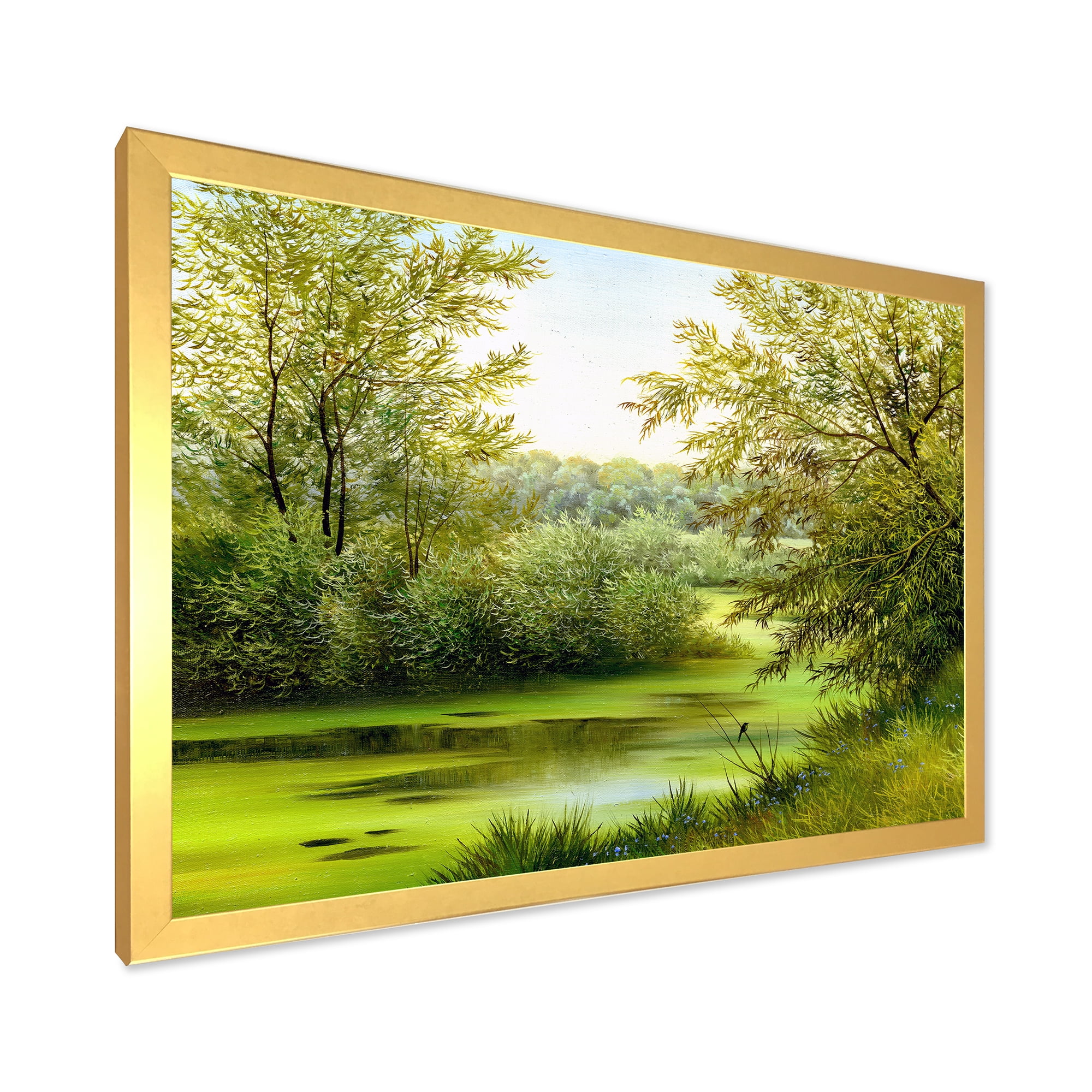 Spring Trees With Green Pond 32 in x 24 in Framed Painting Canvas Art Print, by Designart