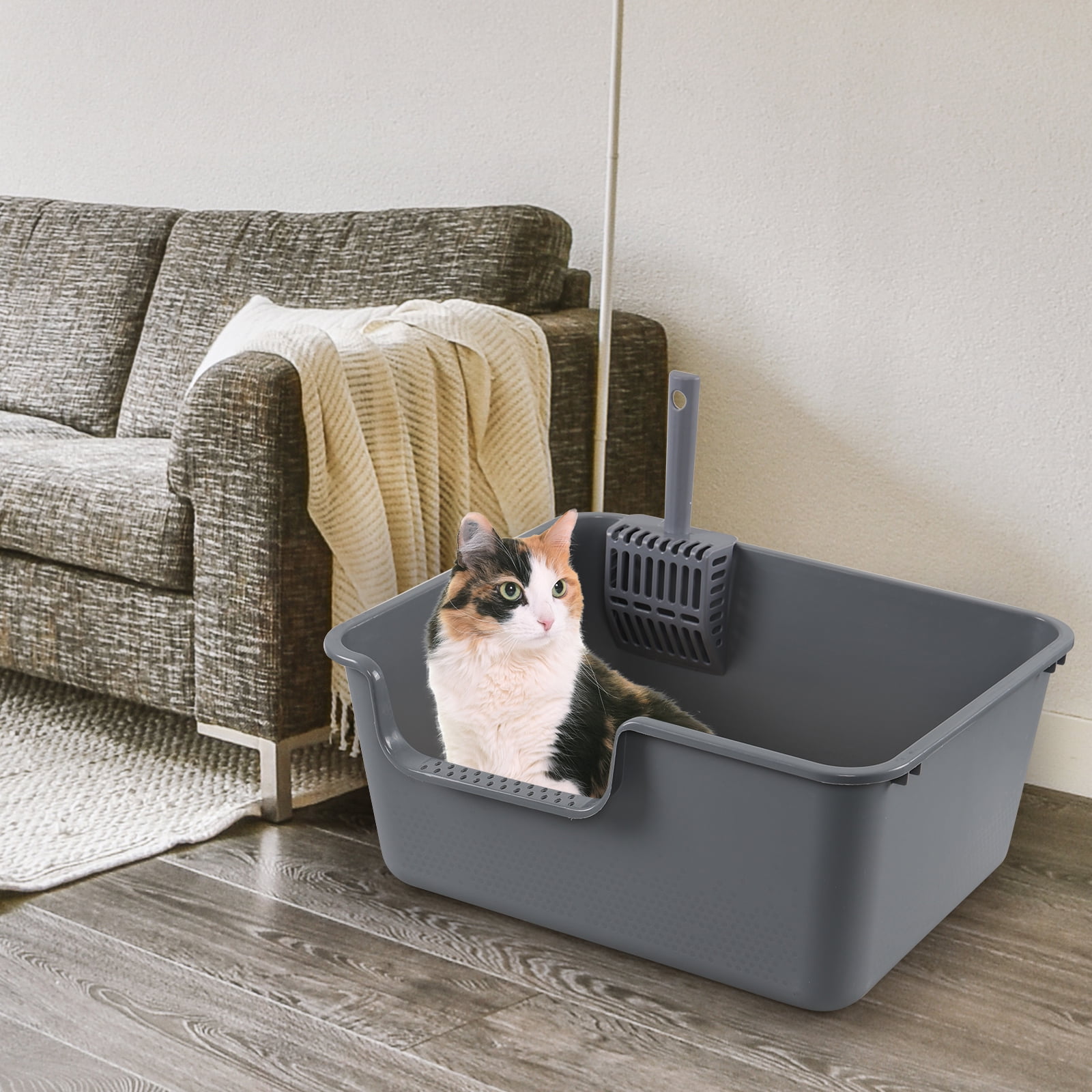Xyskin Grey Plastic Open Top Cat Litter Box, Anti-Splashing Kitty Litter Box with Scoop, High Sides Cat Litter Pan, 4 Packs