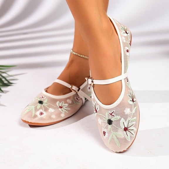 Willtoo Mesh Embroidered Flats for Women Flower Mary Jane Flats Ballet Shoes Round Toe Slip On Ballerina Floral Shoes