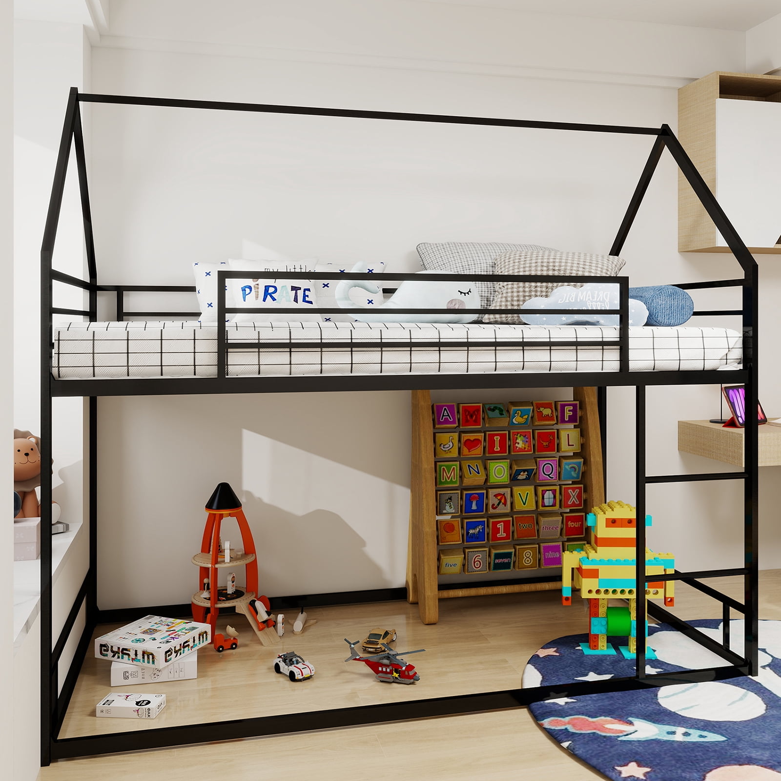 Yoneston Kids Twin Over Twin House Bunk Bed, Metal Twin Size Bunk Bed with Full-Length Guardrail and Ladder for Boys Girls Teens, Easy Assembly, Black