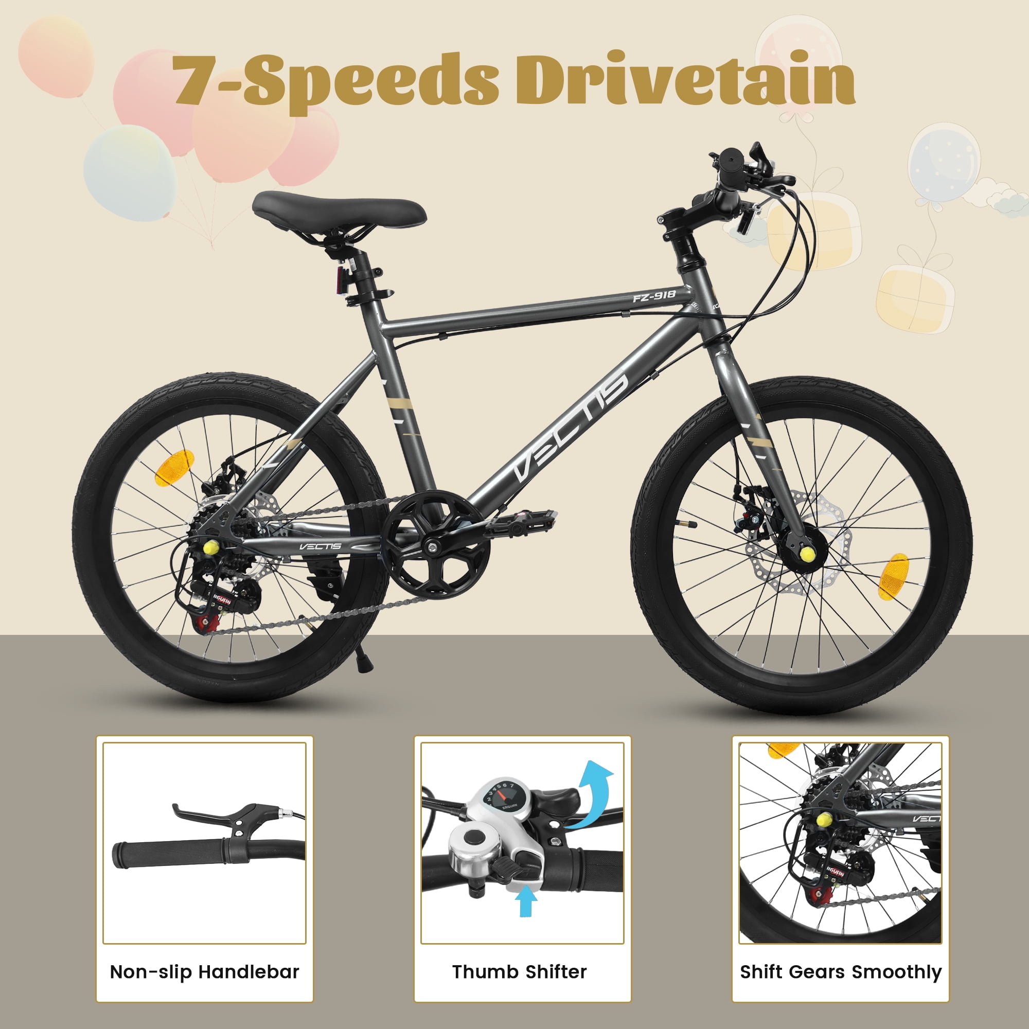 Aukfa 20" Kids Bike for Boys Girls,7-Speed Steel Frame,Dual Disc Brakes,Black