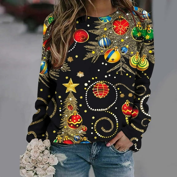 JingHai Ugly Christmas Sweatshirts Women Christmas Sweater Xmas Tree Sequin Top Winter Crewneck Family Holiday Outfits-Multicolor S