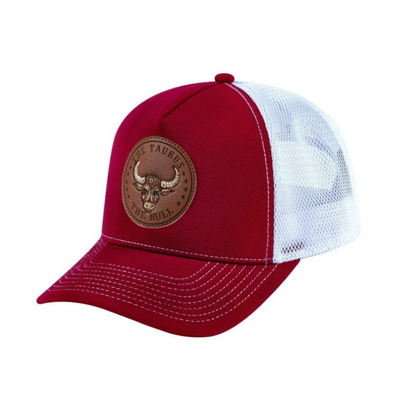Unisex V2 Embroidered And Laser-Engraved Taurus Zodiac (April 20, May 20), 5-Panel Trucker Hat, Burgundy/White, Adjustable Fit