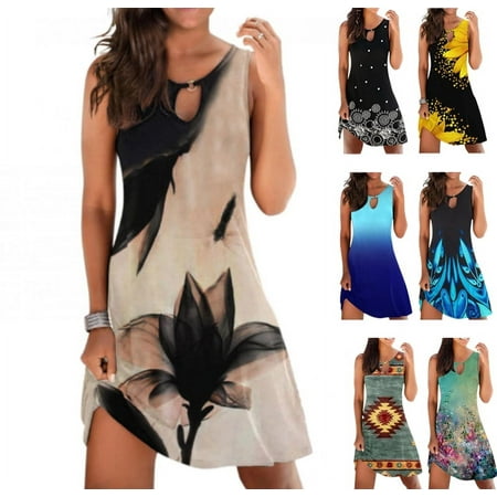 Sksloeg Summer Savings Clearance Summer Dresses For Women 2024 Plus Size Dress Boho Dress Floral Printed Tank Sleeveless Slim-Fit Corset Dress V-Neck Loose Beach Short Mini Sundress Navy L
