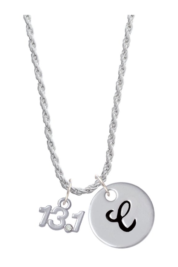 Silvertone Half Marathon - 13.1 with Clear Crystal Silvertone Script Initial Disc - C - Charm Necklace, 20"+3"