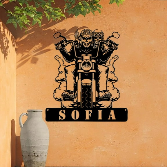 Custom Skull Couple Motocross Biker Metal Wall Art Personalized Dirt Bike Name Sign Home Decor, Motorcycle Rider, Skull Racer
