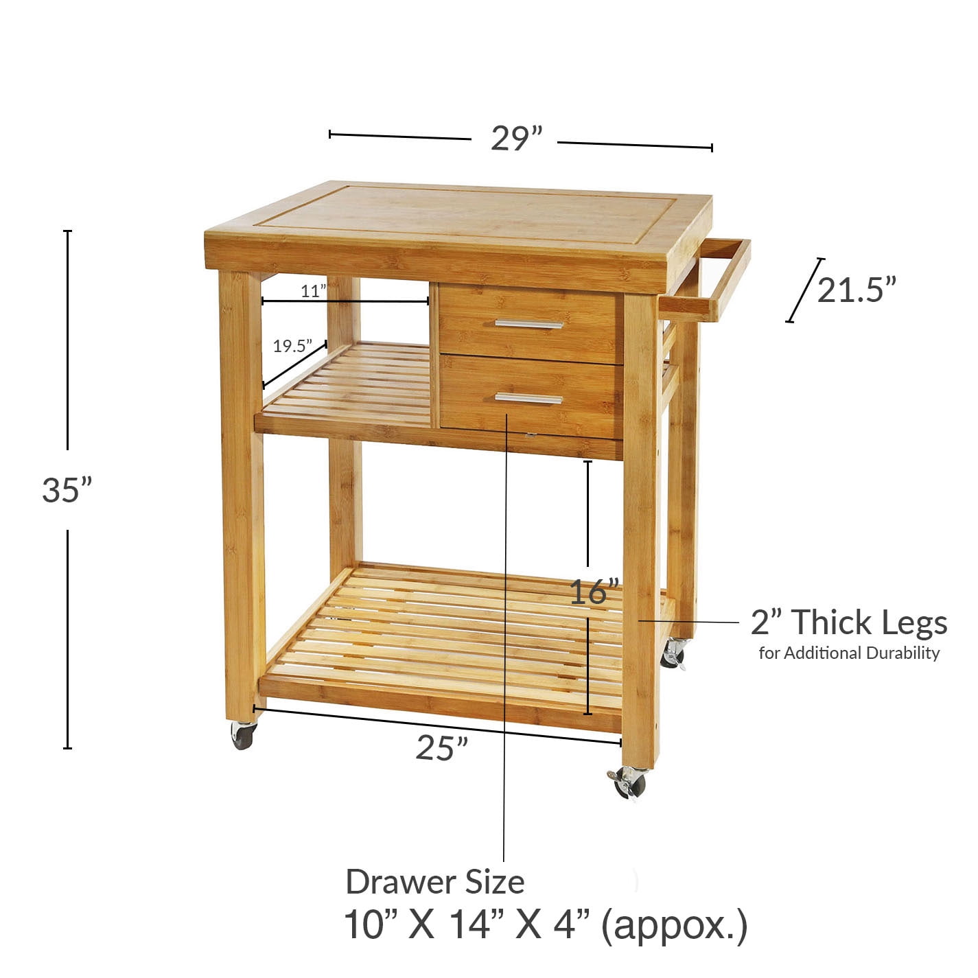 Home Aesthetics Rolling Bamboo Kitchen Island Cart Food Prep Trolley, with Towel