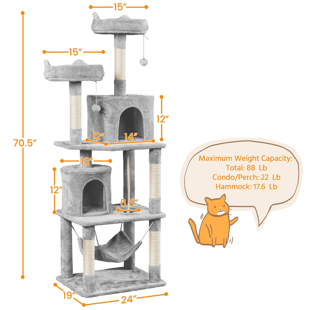 Alden Design 70″H Multi Level Cat Tower Tree with 2 Condos & 2 Foam-Padded Perches for Medium/Large Cats, Light Gray