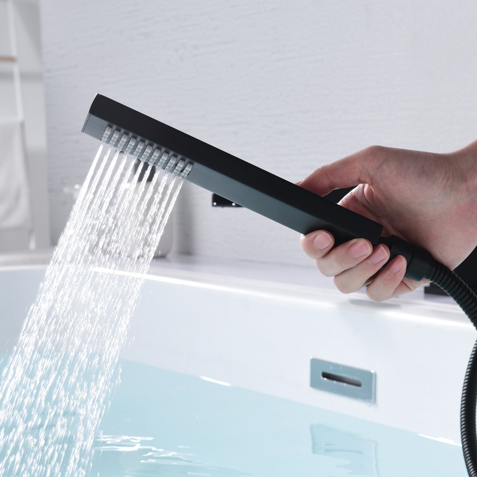 SUMERAIN 3 Hole Black Waterfall Roman Tub Faucet, Deck Mount Tub Filler with Hand Shower