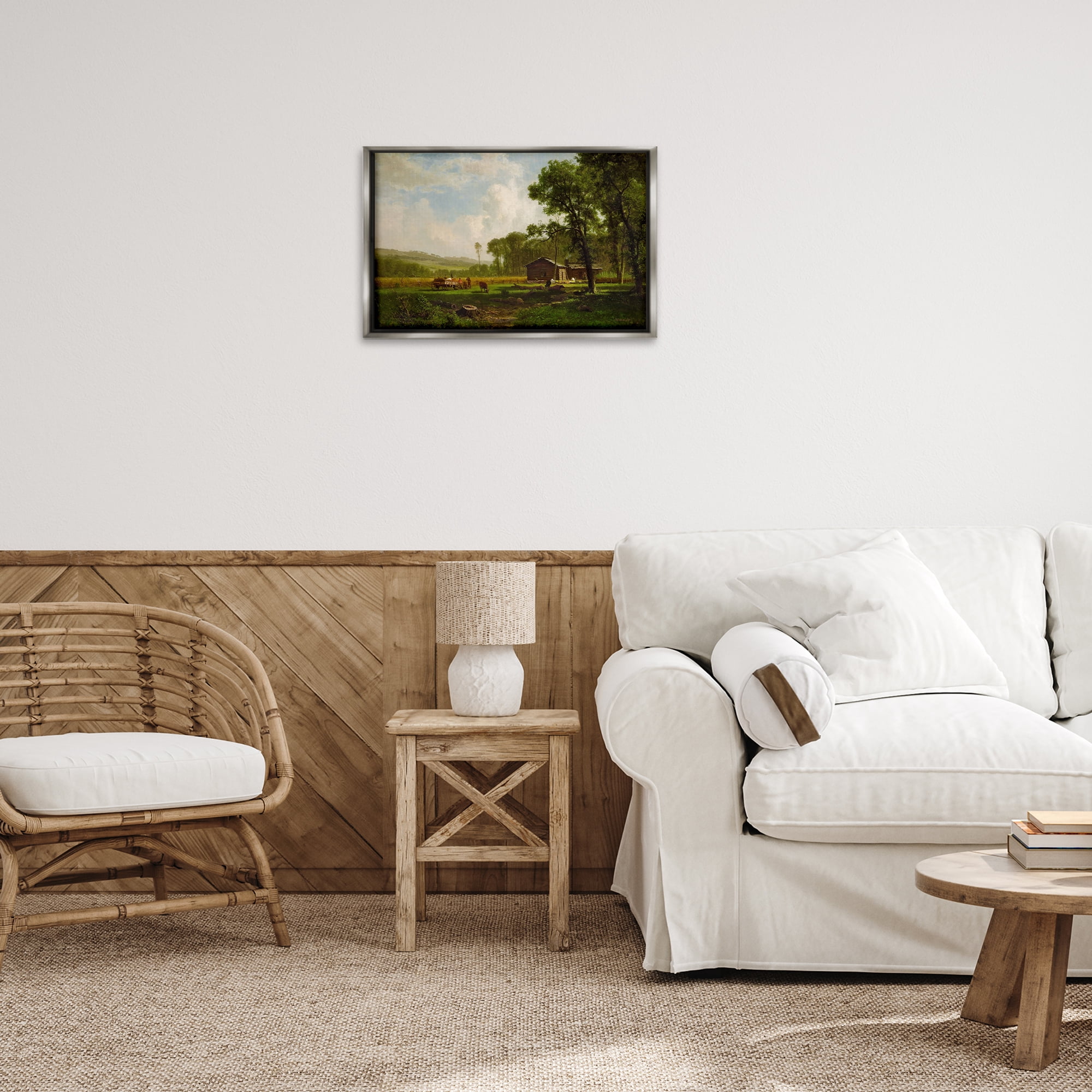 Stupell Industries Early Settlers Classical Landscape & Nature Painting Gray Floater Framed Canvas Art Print Wall Art, 25 x 17