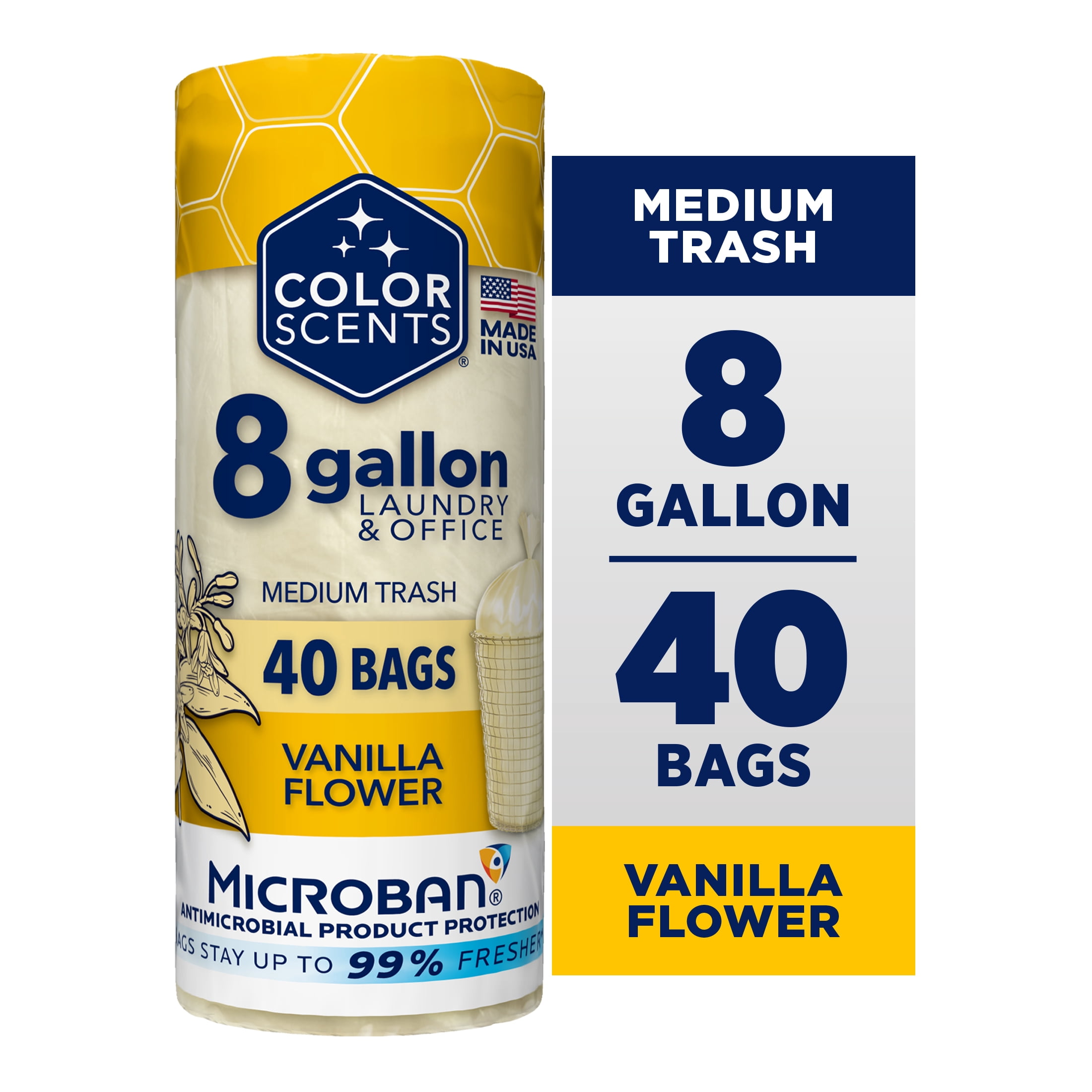 (3 pack) Color Scents 8-Gallon Medium Vanilla Flower Scented Trash Bags with Microban, 40 Count