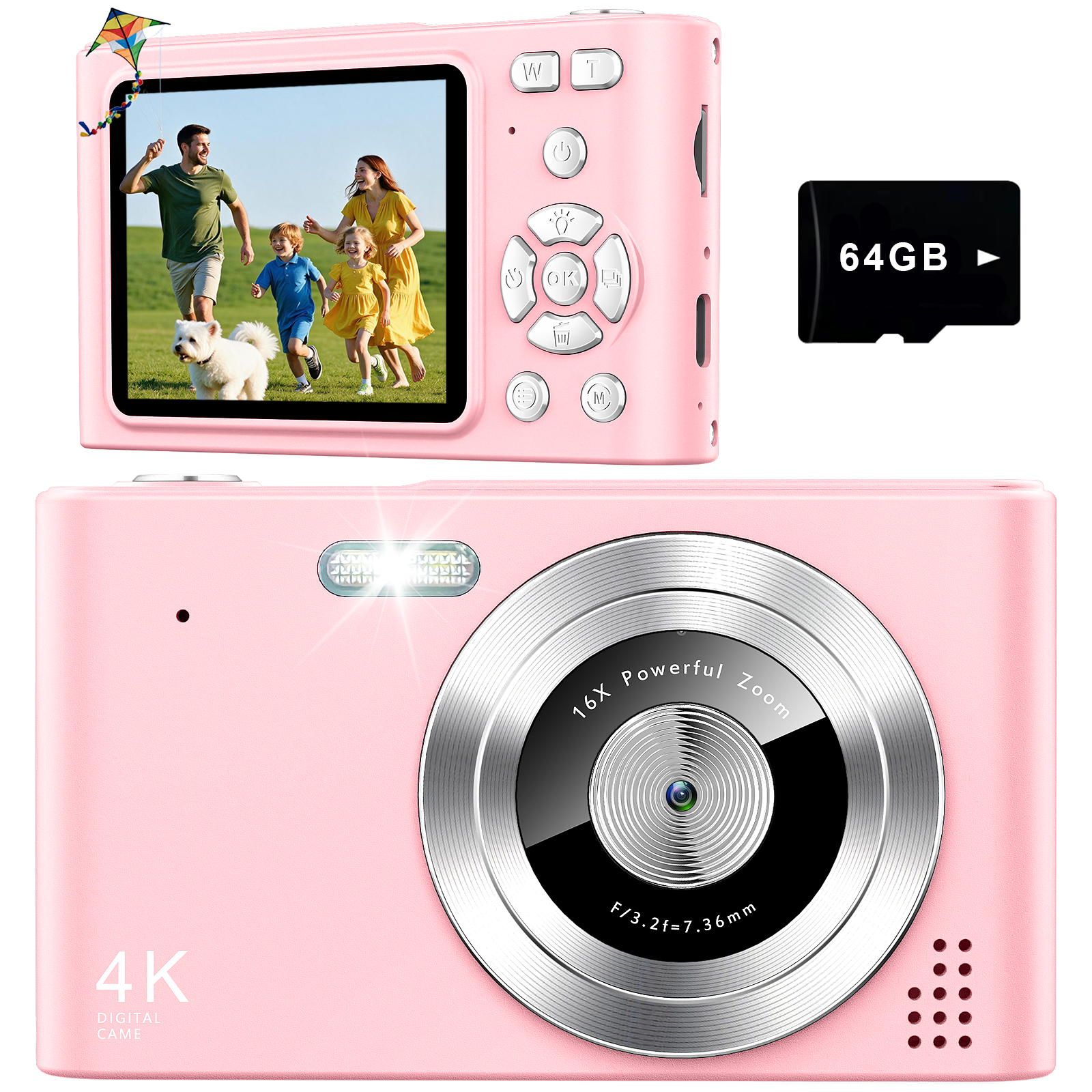 Geryst Digital Camera, 4K UHD 48MP, 16X Zoom, Kids, Pink