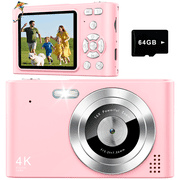 Digital Camera, Camera for Kids, Uhd 4K 48MP Point and Shoot Cameras with 64GB SD Card and 16X Zoom Anti Shake, Compact Portable Small Gift for Boys Girls Students, Pink
