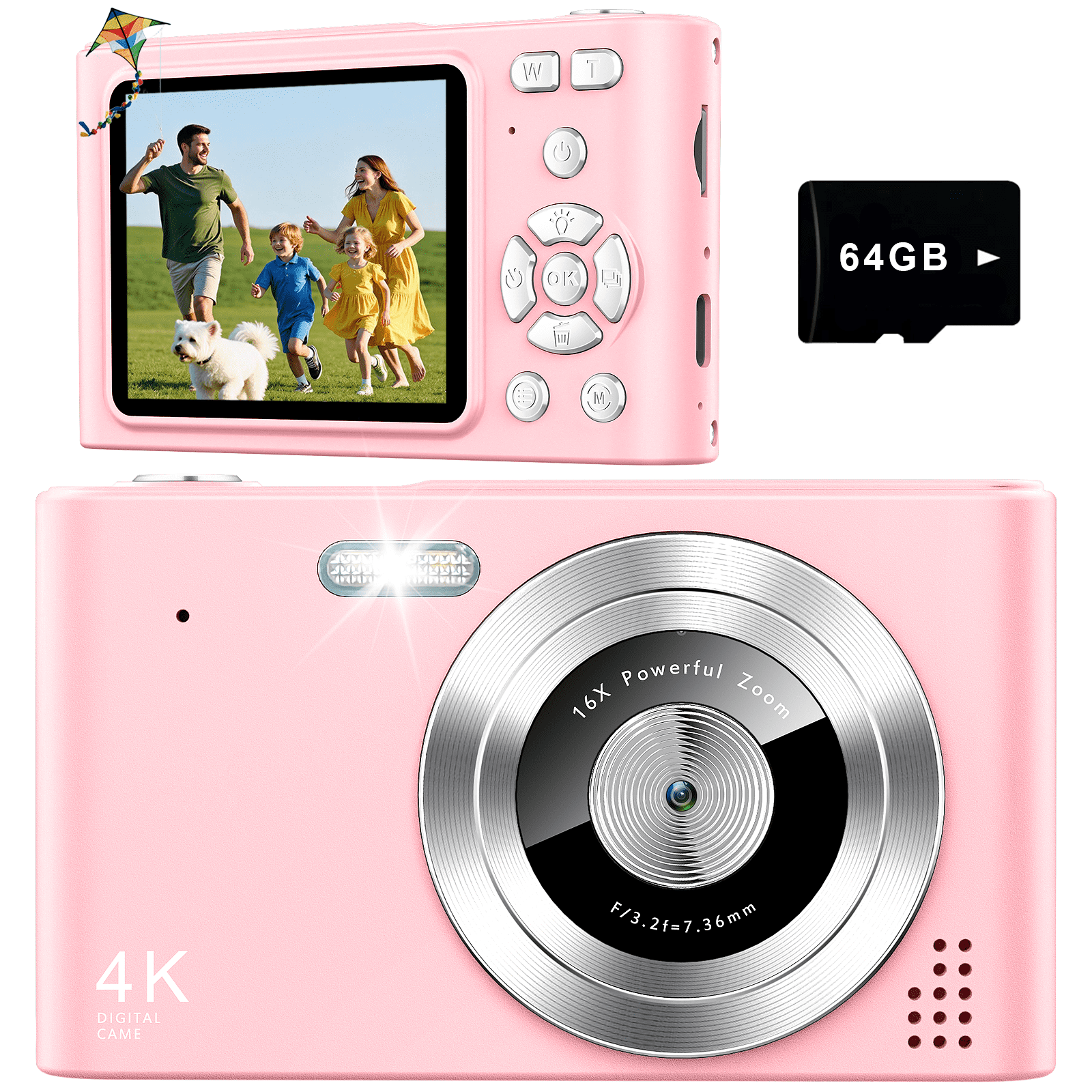 Digital Camera, Camera for Kids, Uhd 4K 48MP Point and Shoot Cameras with 64GB SD Card and 16X Zoom Anti Shake, Compact Portable Small Gift for Boys Girls Students, Pink