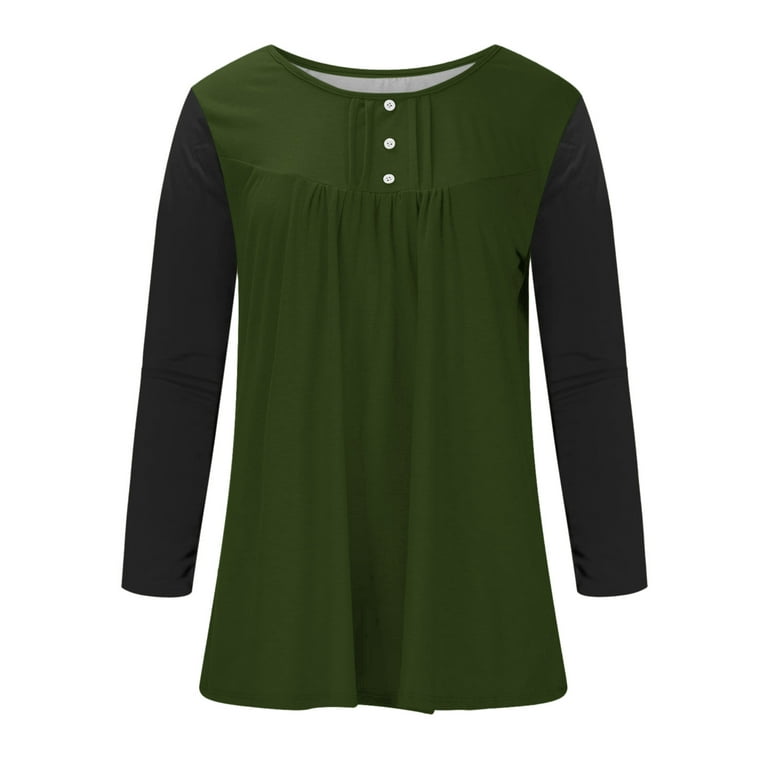 hxshgdsn Trendy Tops for Women 2023 Solid Color Casual Loose Pleated Front Button Long Sleeve Crew Neck Pullover T Shirts(Army Green,S), Women's, Size