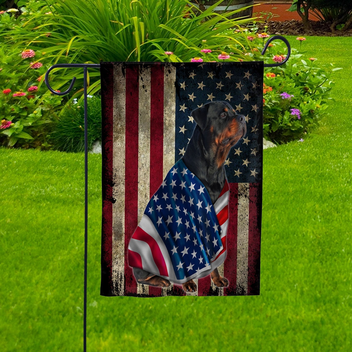 American Flag Rottweiler Dog Wearing Flag American Patriot Patriotic 4th of july Garden Flag, Double-Sided Decorative Outdoor Flag, Patriotic Polyester Yard Flag 12 x 18 in