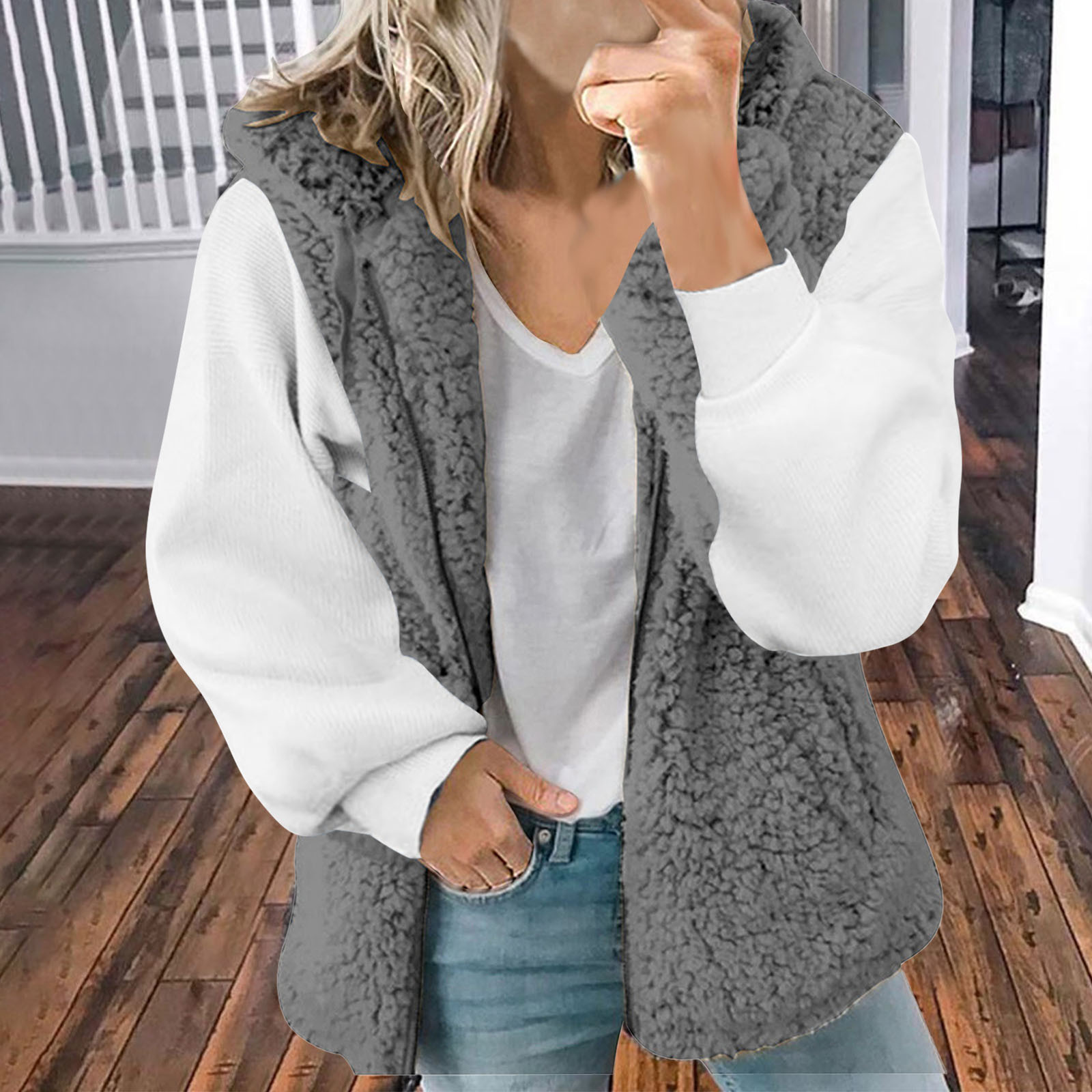 Veste Polaire Femme Hiver Sans Capuche - Fermeture éclair, Courte, Douce Sherpa, Pour Intérieur