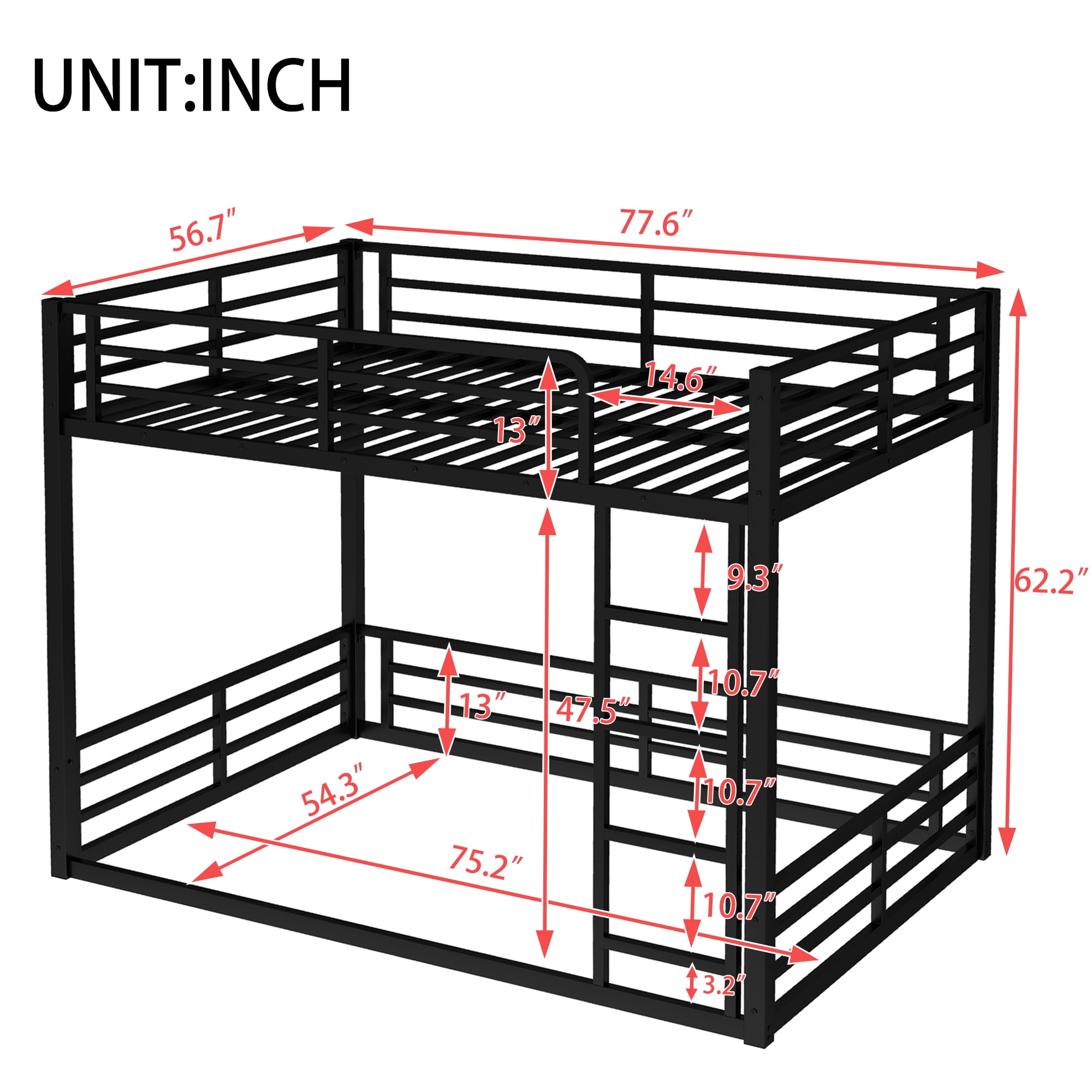 Leumius Metal Bunk Bed,Full over Full Floor Bunk Bed Frame for Kids/Teens/Adults,Space-Saving/Noise Reduced/No Box Spring Needed,Black