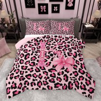 Homewish Fashion Leopard Print K Queen Comforter Set for Women, Princess Ribbon Bowknot Bedding Sets, Black Pink Cartoon Reversible Bedding Comforter Set, Lightweight Room Decor, 3-Piece